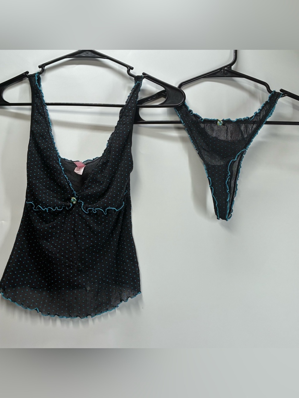 Vintage Y2K 2004 Victorias Secret Medium Blue Polka Dot Cami Top Set Tank Black